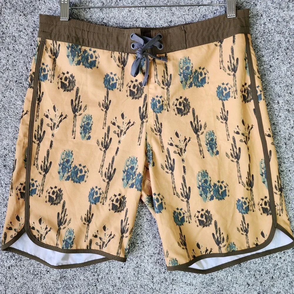 Prana Board Shorts Mens‎ 30 Tan Cactus Print Recycled Stretch Swim Trunks EUC